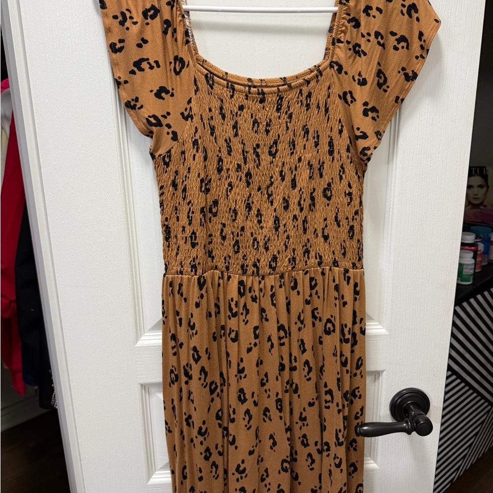 1901 Brown Smocked Midi Sundress with Flutter Cap Sleeves